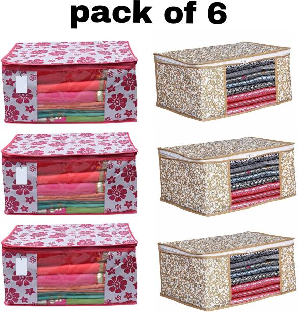 Evolves New Trending Design 6 Pic High Quality Non Woven With Window Saree cover All Type Of Cloths, Wardrobe Organizer, Space Saver Box Pink Colour Whit New Design