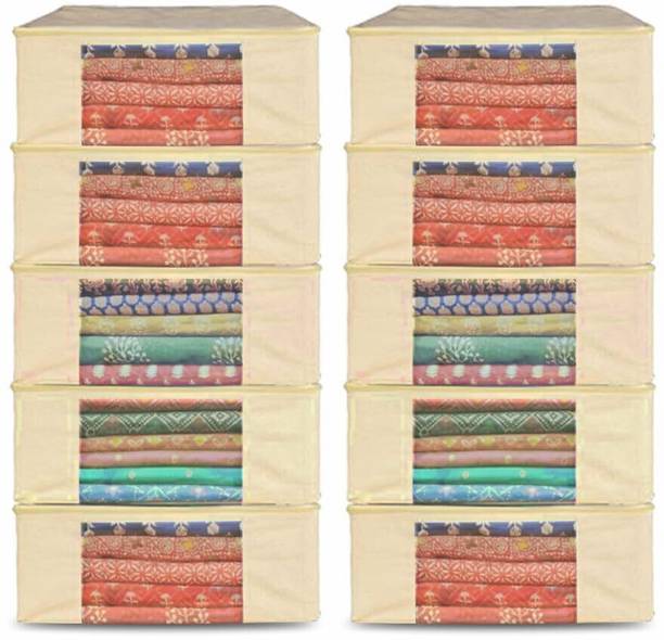 JD FRESH 10 Cotton Saree Covers/Storage Bags with Zip Cover/Space Saving Bag Mesh Window Wardrobe-Cupboard Organizer for Clothes/Bedsheets/Lehengas/Gowns