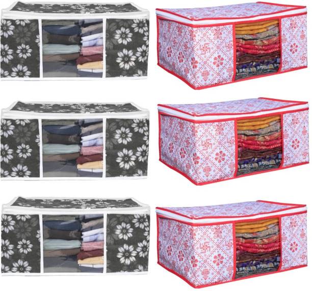 VRAKISH New Trending Design 6 Pic High Quality Non Woven With Window Saree cover All Type Of Cloths, Wardrobe Organizer, Space Saver Box Red Colour Whit New Design