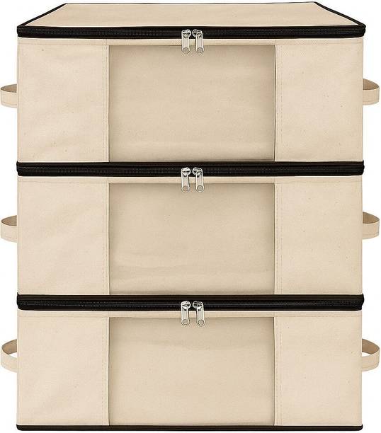 Kottify Storage Bag 3 Pack Cotton Canvas Clothes Storage Bags/Saree Covers with Zip for Storage Woman Dresses, Sarees for Wardrobe Organizer (42.2cm x 36cm x 20cm),Grey