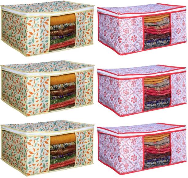 Evolves New Trending Design Set Of 6 Pic High Quality Non Woven With Window Saree cover All Type Of Cloths, Wardrobe Organizer, Space Saver Box Classic Swastik Red Combo