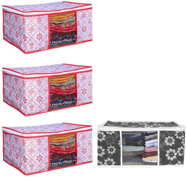 Evolves New Fancy High Quality 4 Pic Non Woven cover With Window Saree cover Storage Cover/Cloth Organizer Cover Storage Space Saver Multipurpose Bag Unique Combo New Swastik Design