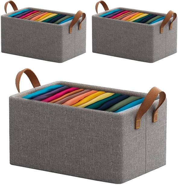 Vervita Set of 3 Clothes, Foldable Clothes 26 Liter Storage Baskets for Wardrobe Books, Saree Shirts, Stationery Paper, Document Toy,and Blankets Storage Box with Handles