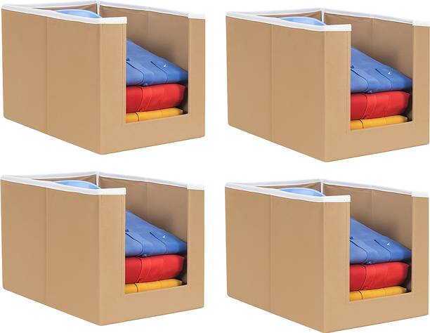 Delightkraft Shirt Stacker for Cupboard | Strong Non-Woven Clothing Storage Rack | Space-Saving Foldable Shirt Organizer for Wardrobe Shelves, Pack of 4 ST-BEIGE