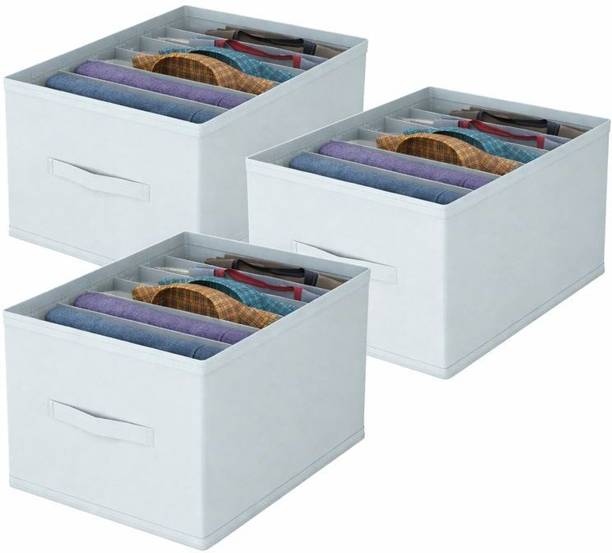 infinity craft Clothes Organizer Non-Woven Fabric for Wardrobe/Foldable Cupboard Storage Boxes / Rectangular Almirah Organizers for Shirts/Pants/T-Shirts/Jeans, Grey 3 Pcs