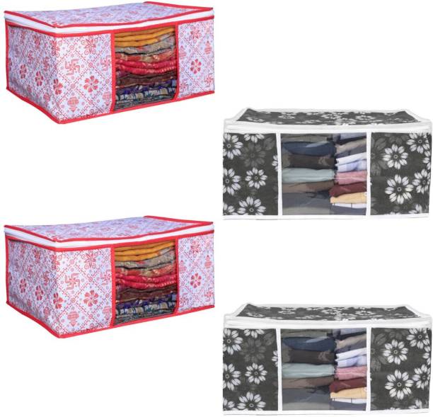 Evolves New Fancy High Quality 4 Pic Non Woven cover With Window Saree cover Storage Cover/Cloth Organizer Cover Storage Space Saver Multipurpose Bag unique Combo Offer Black Flower Design