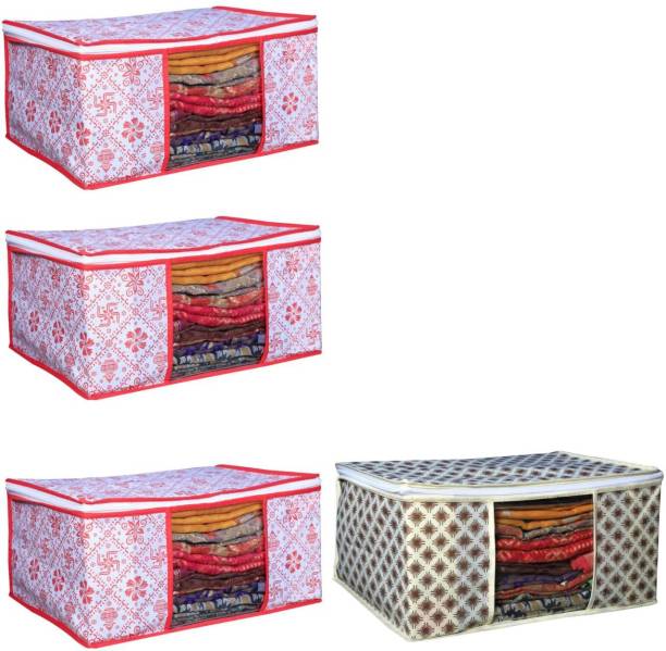 Evolves New attractive Non Woven cover With Window Saree cover Storage Cover/Cloth Organizer Cover Storage Space Saver Multipurpose Bag Swastik Red Combo With Chakri Design