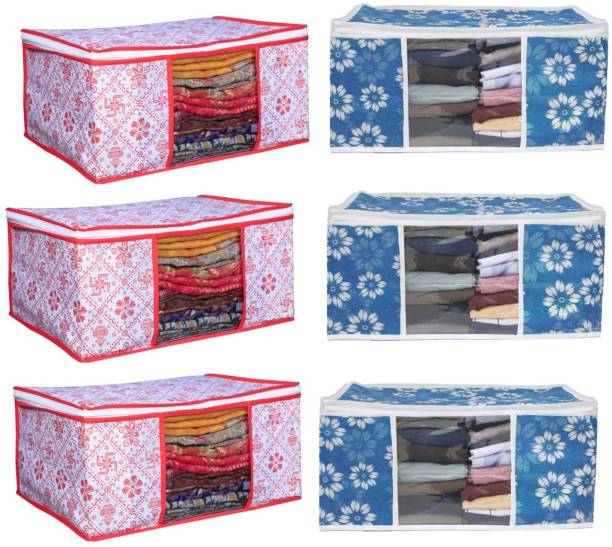 Evolves New Cover 6 Pic Beige High Quality Non Woven With Window Saree cover With Black Cloths, Wardrobe Organizer, Space Saver Box Swastik Red &amp; Sky Flower Design