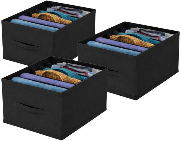 infinity craft Clothes Organizer Non-Woven Fabric for Wardrobe/Foldable Cupboard Storage Boxes / Rectangular Almirah Organizers for Shirts/Pants/T-Shirts/Jeans, Black 3 Pcs