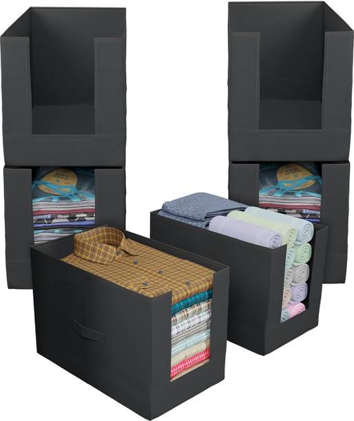 THAILIWALE Foldable Non-Woven Shirt Stacker Organizer Box Front Open Cloth Storage Box / Cupboard Organizer for Clothes Wardrobe Organizer Black Box ST-6 (Pack of 6)