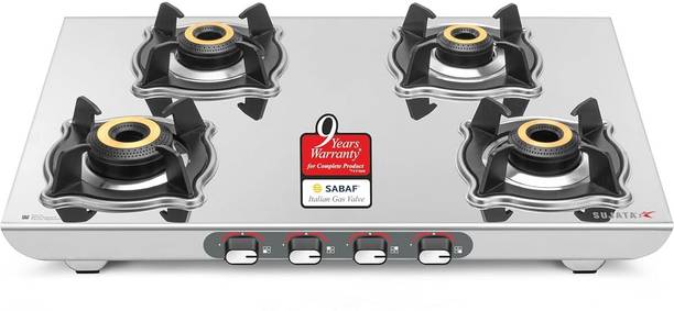 SUJATA Majestic Manual Gas Stove 4 Burner | Gas Chulha for Kitchen | ISI Certified | Stainless Steel Manual Gas Stove