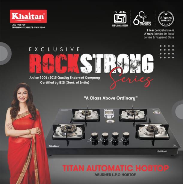 Khaitan RockStrong TITAN 4 Burner Premium Hobtop, Xpress Brass Burner Glass Automatic Hob