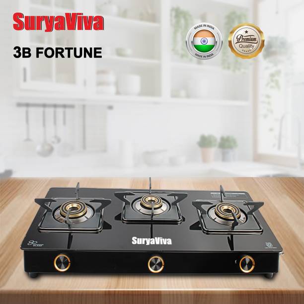 SURYAVIVA Fortune 3B BK Toughened Glass Duel Tone Imported Burner(Ignition,Black) Glass Manual Gas Stove