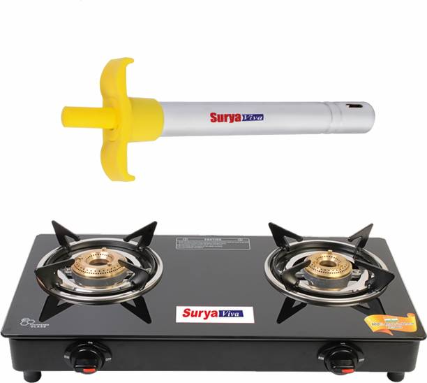 SURYAVIVA Photon 2B Combo with lighter 2 Cast Iron (Igniton,Black) Glass Manual Gas Stove Glass Manual Gas Stove