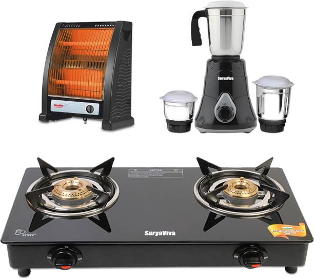 SURYAVIVA Photon 2B + 2 Rod Room Heater + Victo 750 W Mixer Grinder Combo Glass Manual Gas Stove