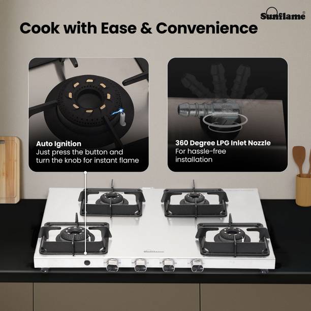 Sunflame Sunflame 4 Burner AI Slim Gas Stove with 2MM SS Metallic Body, Forged Burners Stainless Steel Automatic Gas Stove  (4 Burners)