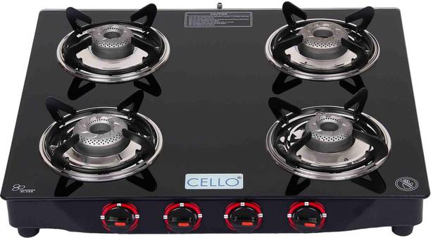 CELLO Gem 4 Burner Black Manual Ignition LPG Glass Top Gas Stove, ISI Certified Glass Manual Gas Stove