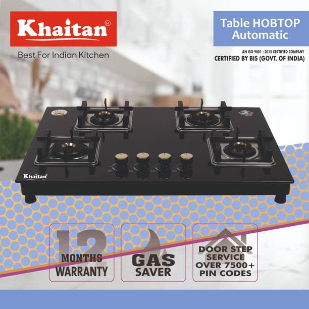Khaitan 4 Burner Saphire Black Luxury HobTop, Automatic Ignition Toughened Glass Automatic Hob  (4 Burners)