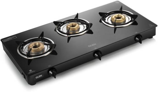 Glen byGLEN 3 Burner Gas Stove 1034 GT Brass Burner Black 2 years warranty Glass Manual Gas Stove