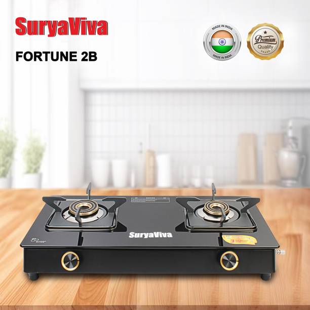 SURYAVIVA Fortune 2B BK Toughened Glass Duel Tone Imported Burner(Ignition,Black) Glass Manual Gas Stove