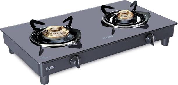Glen Kitchen Cooktop with High Flame Brass Burner Black (CT1021) Glass Manual Gas Stove (2 Burners)