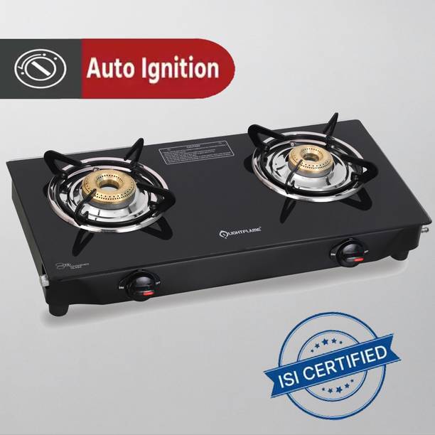 LIGHTFLAME Smart, 2 Burner Gas Stove Auto-Ignition with ISI Certification, Glasstop Stove Glass Automatic Gas Stove