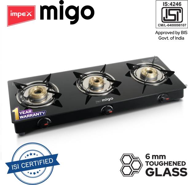 IMPEX 3 Burner Glasstop Gas Stove LINEA 3B , Toughened Glass top Glass Manual Gas Stove