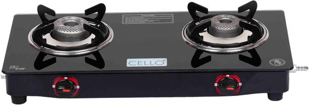 CELLO Gem 2 Burner Black Manual Ignition LPG Glass Top Gas Stove, ISI Certified Glass Manual Gas Stove