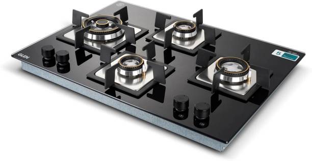 Glen Built In Glass Hob TOP|Auto Ignition|8 MM Toughened Glass|Forged brass burner Glass Automatic Hob (4 Burners)