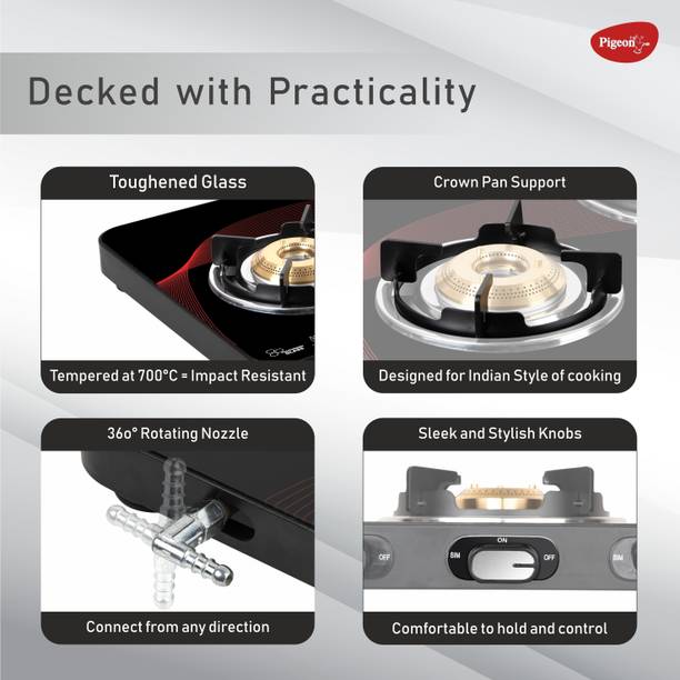 Pigeon Cosmic 2 Burner Glass Cooktop| Manual Ignition Aluminium Manual Gas Stove  (2 Burners)