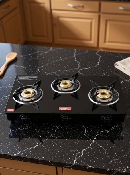 KAPLI Premium 3 Burner Manual with Toughened Glass Sleek & Compact Cooktop Color-Black Glass Manual Gas Stove