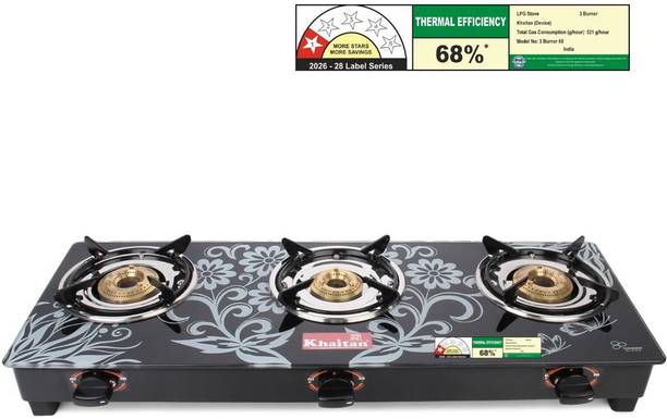 Khaitan byKhaitan 3 Burner BP-GIO MS White Digital ISI Marked Toughened Glass Manual Gas Stove