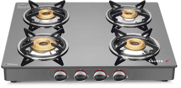SUJATA Gas Stove 4 Burner |Gas Chulha for Kitchen | ISI Certified |LPG & PNG Compatible Glass Manual Gas Stove