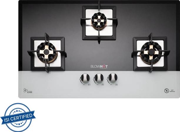 BLOWHOT Prism Auto Ignition 3 Burner, Battery Operated Built – In, Gas Hob Toughened Glass, Aluminium Automatic Hob