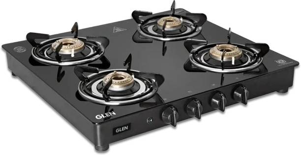 Glen Crystal LPG Gas Stove 4 Burner | 360 Revolving Nozzle|Glass top|2 Year Warranty Glass Automatic Gas Stove 4 Burners