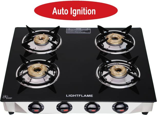 LIGHTFLAME 4 Burner Smart Plus Automatic ISI Certified Toughened Glass, 1 Year Warranty Glass Automatic Gas Stove