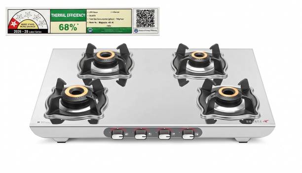 SUJATA SUJATA Majestic 4 Burner Auto Ignition Gas Stove | Gas Chulha | ISI Certified | Stainless Steel Automatic Gas Stove
