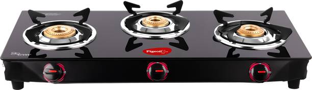 Pigeon Brunet 3 Burner Gas Stove | Auto Ignition | Toughened Glass | 2 year Warranty Glass Automatic Gas Stove