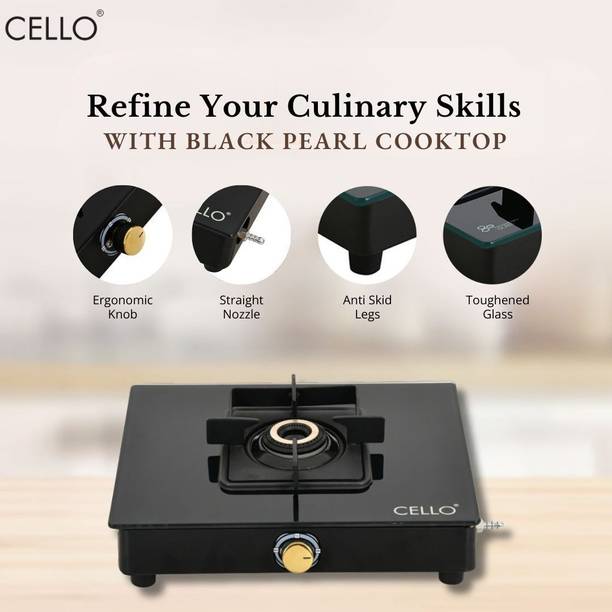 CELLO Black Pearl 1 Burner Toughened Glass Top Gas Stove, Brass Burners, Black Finish Glass Manual Gas Stove