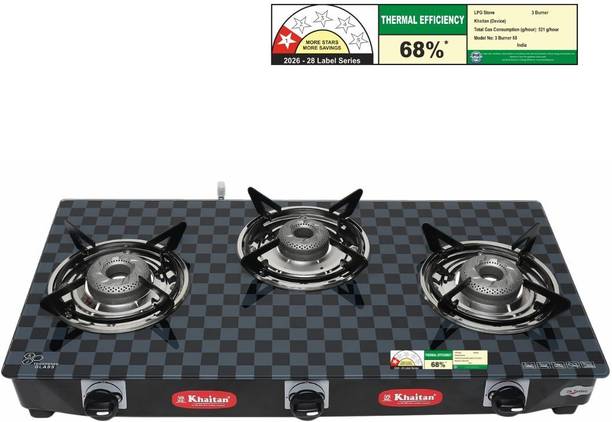 Khaitan 3 Burner CHETAK CHESS Forged Burner Digital Toughened Glass Manual Gas Stove