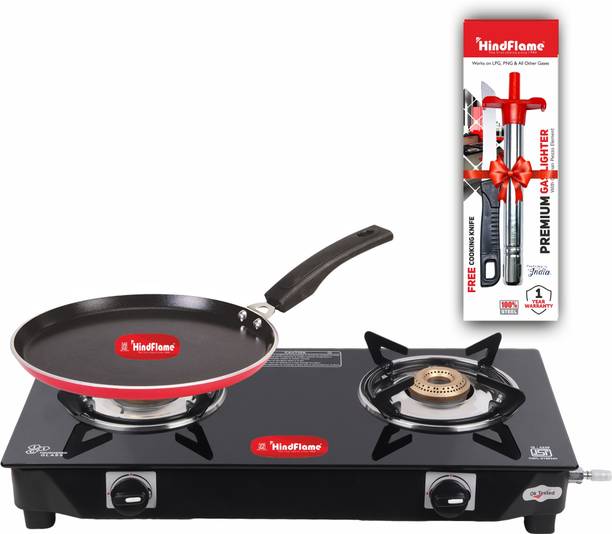 Hindflame Gas Stove Combo - Pixel 2 Burner Cooktop + 1 Ligher + 1 knife + Dosa Tawa 26cm Glass Manual Gas Stove