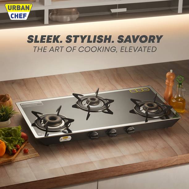 Urban Chef Gas Stove 3 Burners | ISI Certified | LPG & PNG Compatible Glass Manual Gas Stove