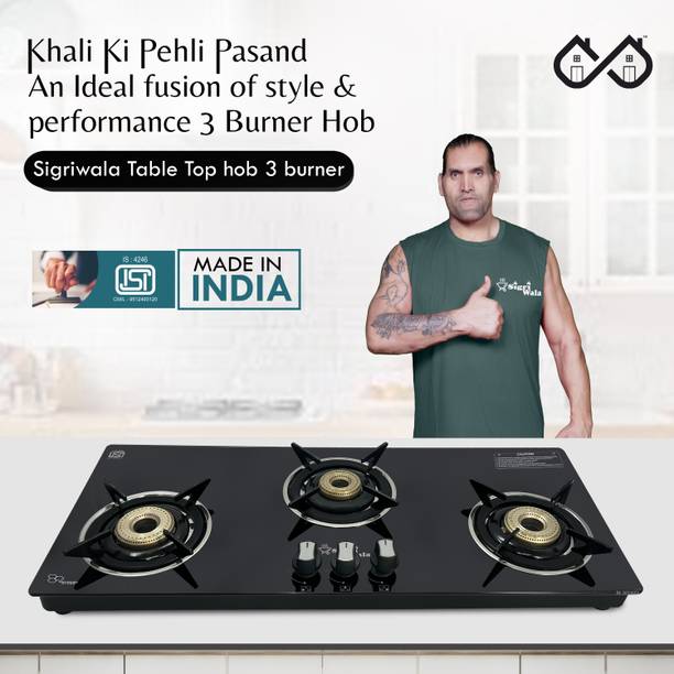 Sigri-wala Surya Primecook 3 Burner Hobtop Black Glass Manual Hob