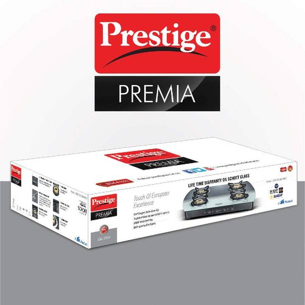 Prestige Premia 4 Burner B/W SCHOTT Glass With SABAF – I Glass Manual Gas Stove  (4 Burners)