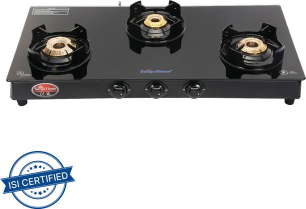 Gas Stove 3 Burner Glass Top Manual 2 Years Doorstep Service Black Beauty स्टील मैनुअल गैस चूल्हा