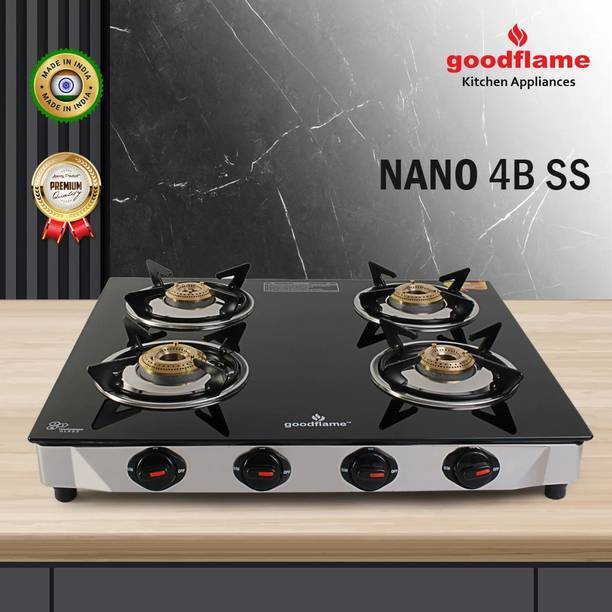 goodflame Max 4B SS Toughened Glass 4 Brass Burner Gas Stove(Manual,Black) Glass Manual Gas Stove