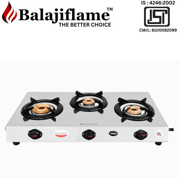 Balajiflame Heavy 3 Burners L.P.G Gas Stove With Brass Burners Stainless Steel Manual Gas Stove