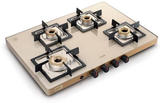 Glen Ultra Slim Apricot Glass Gas Stove 1 High Flame 3 Forged Brass Burner,CT1047US Glass Automatic Gas Stove