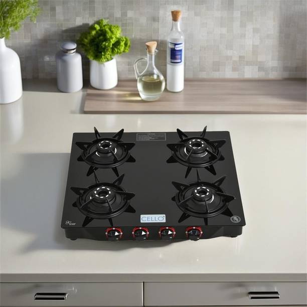 CELLO Hexa Manual Ignition Black Aluminium Alloy Burner Toughened Glass Iron Manual Gas Stove