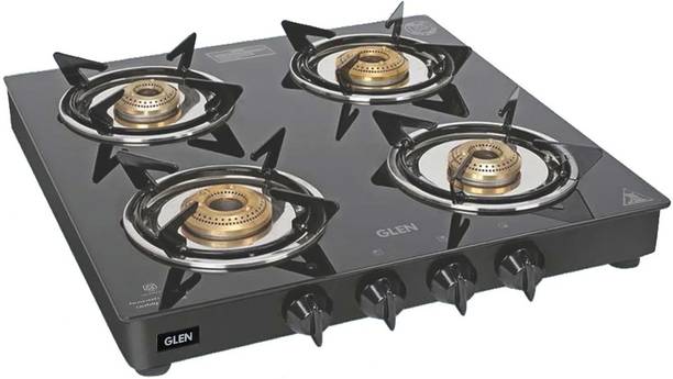 Glen 4 Burner Toughened Glass Top | LPG Gas Stoves | Brass Burners | ISI Certified Glass Manual Gas Stove